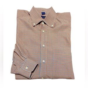 Jeff Rose 100% Cotton Golf Button Down Shirt in Blue/Orange Check Print Large